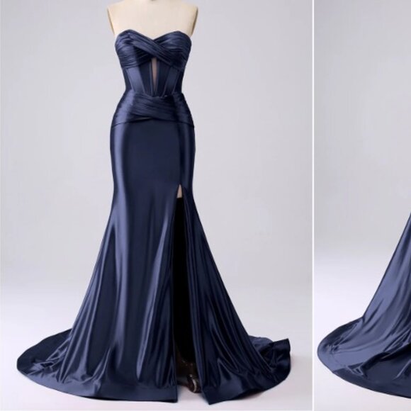 Sparkly Navy Mermaid Sweetheart Corset Long Prom Dress with Slit - Picture 1 of 2
